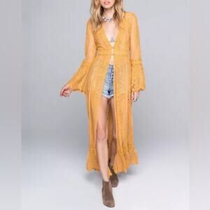 Band of Gypsies NWOT Maxi Duster Lace Crochet Soft Sheer Yellow Mustard Size S